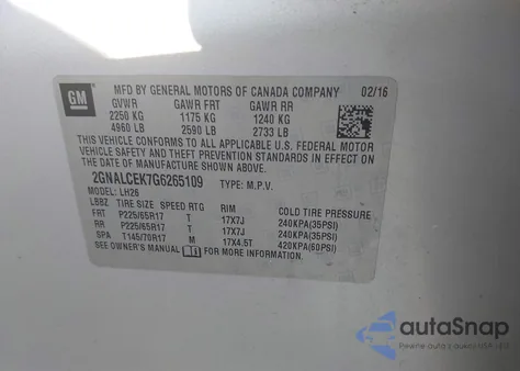 2016 Chevrolet Equinox Lt from USA, damaged, VIN 2GNALCEK7G6265109